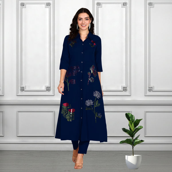 Women Sequins Motifs Embellished Long Kurti Pant Set