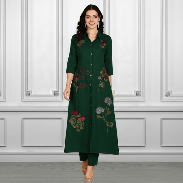 Women Sequins Motifs Embellished Long Kurti Pant Set