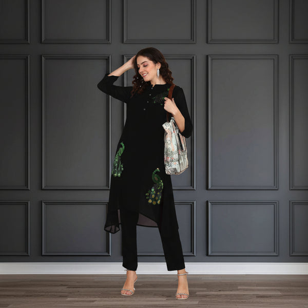 Women's Sequins Motifs Embellished Asymmetric Kurti Pant Set