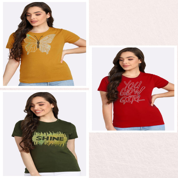 Women’s Cotton Sequin Motif T-Shirt Pack of 3 – Just ₹799 | MRP ₹3,099