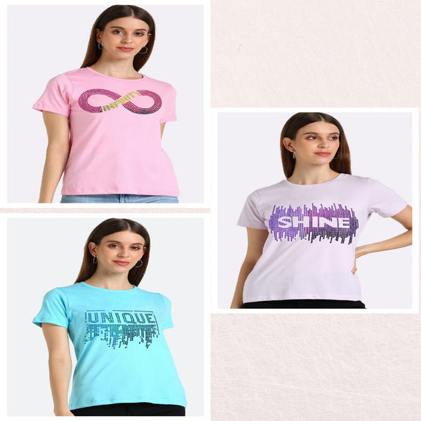 Women’s Cotton Sequin Motif T-Shirt Pack of 3 – Just ₹799 | MRP ₹3,099