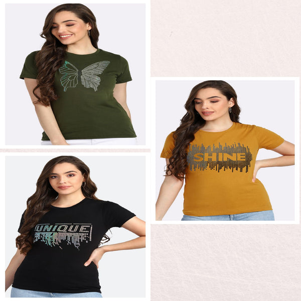 Women’s Cotton Sequin Motif T-Shirt Pack of 3 – ₹799 Only | MRP ₹3,099