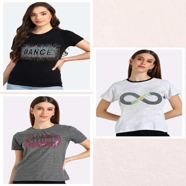 Women’s Cotton Sequin Motif T-Shirt Pack of 3 – Just ₹799 | MRP ₹3,099