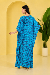 Blue Floral Satin Kaftan – Elegant Floral Print Lounge & Resort Wear