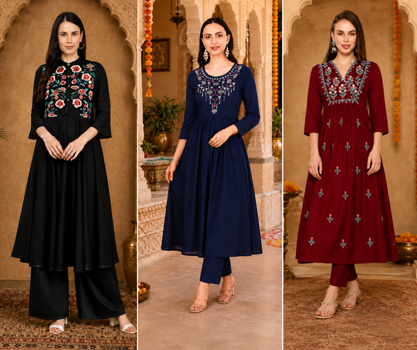 3-Piece Embroidered Kurti Combo – Elegant Ethnic Collection