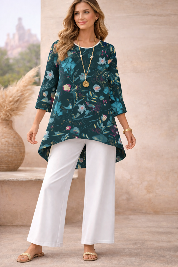 🌸 Floral Printed Spandex Top & Solid White Pant Set 🌸
