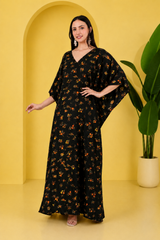 Blue Floral Satin Kaftan – Elegant Floral Print Lounge & Resort Wear