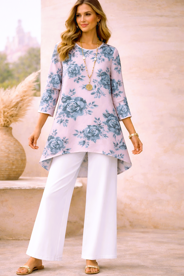 🌸 Floral Printed Spandex Top & Solid White Pant Set 🌸