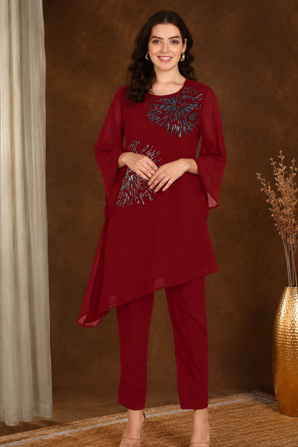 Women Sequins Motifs Embellished Asymmetric Kurti Pant Set