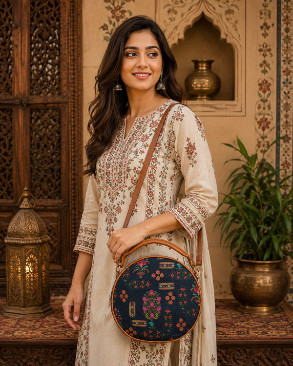 Mughal Floral Motifs Print Canvas Sling Bag