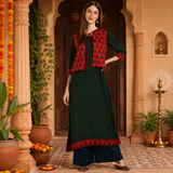 Women's Dark Green A-Line Kurti with Printed Jacket & Palazzo Set