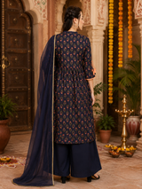 Navy Blue Printed Cotton Kurti with Rayon Palazzo Pants & Dupatta Set