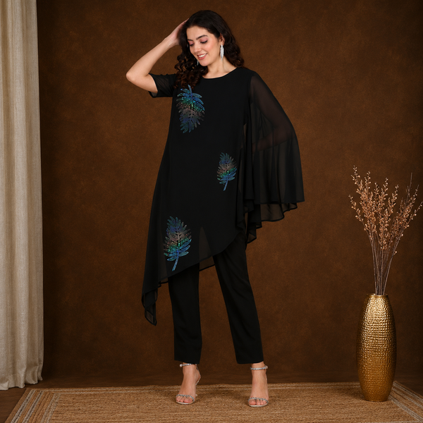 Women Sequins Motifs Embellished Asymmetric Kurti Pant Set