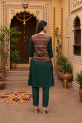 Women's Dark Green Rayon A-Line Kurti with Printed Ethnic Jacket & Matching Pants Set