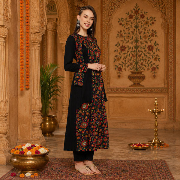 Women's Black Floral Printed A-Line Kurta with  Pant