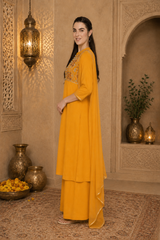 Women’s Embroidered Mustard Rayon Kurti Palazzo dupatta Set | Elegant Ethnic Co-ord Set