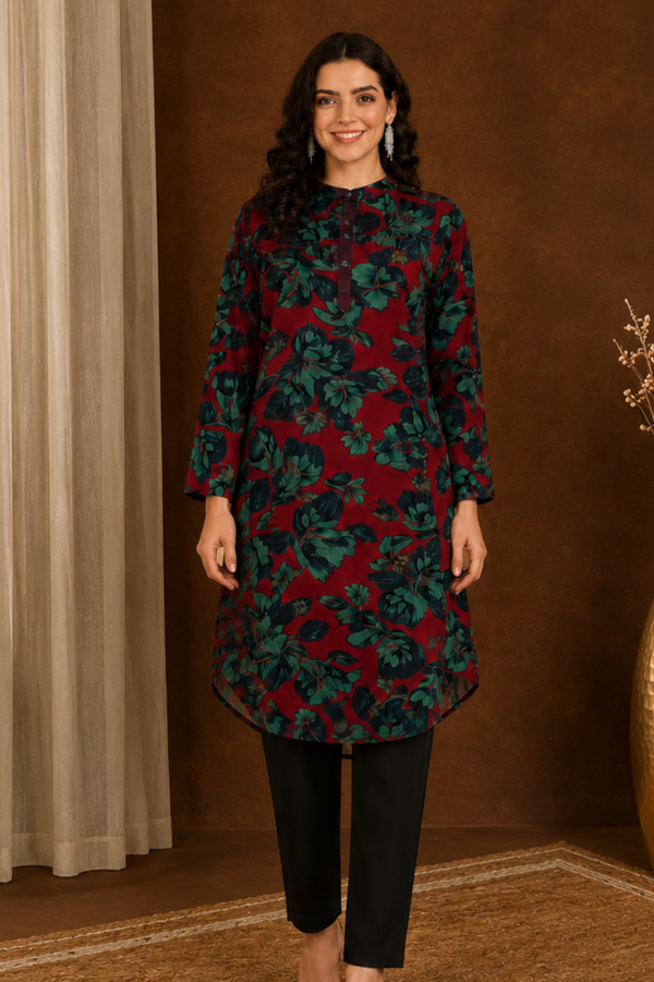 🌺 Floral print spandex kurti‑pant co‑ord set