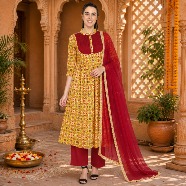 Women's Mustard Printed Cotton Kurti Pant Dupatta Set