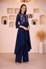 🌸 Women's Navy Blue Rayon Embroidered High-Low Kurta Palazzo Set