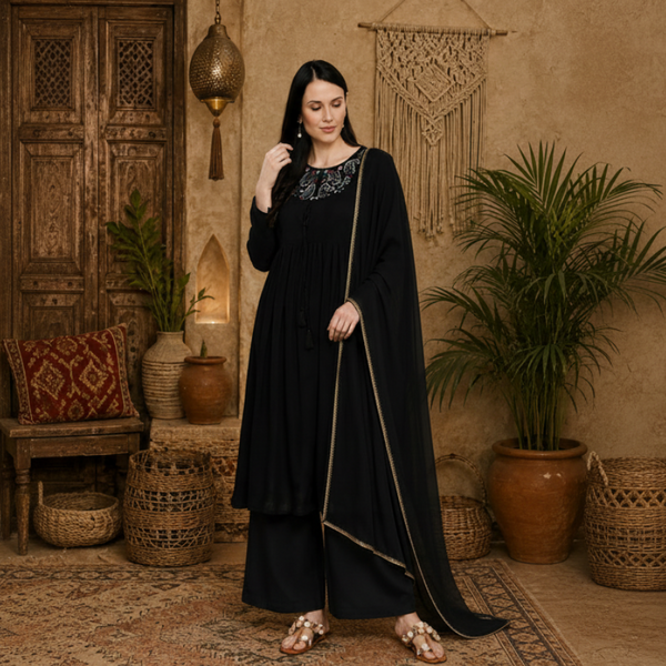 🌼 Women’s Ethnic Embroidered angrakha Kurti Palazzo dupatta Set