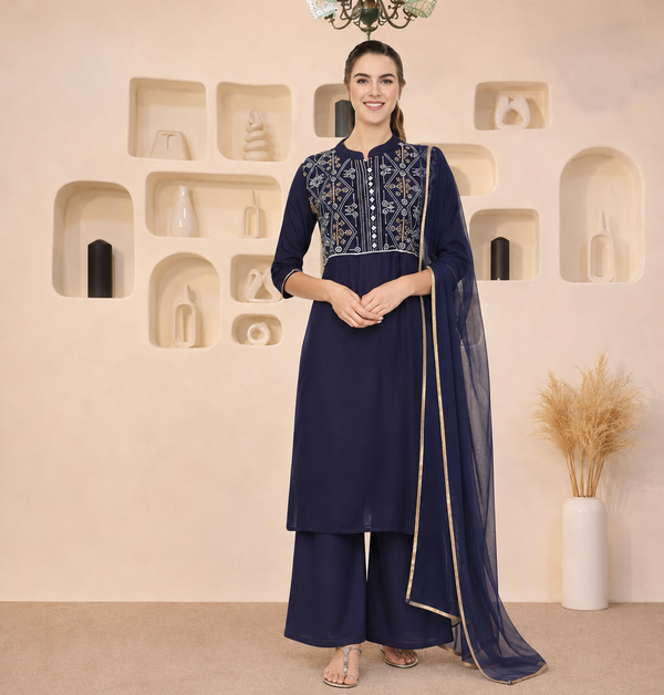 Women’s Geometric Embroidered Rayon Kurti Palazzo dupatta 3 pc Set