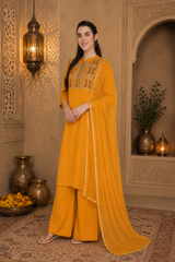 Women’s Embroidered Mustard Rayon Kurti Palazzo dupatta Set | Elegant Ethnic Co-ord Set
