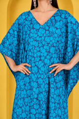 Blue Floral Satin Kaftan – Elegant Floral Print Lounge & Resort Wear