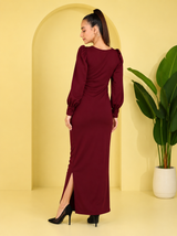 Sultry Sophistication Gathered Front Slit Bodycon Maxi Maroon Dress