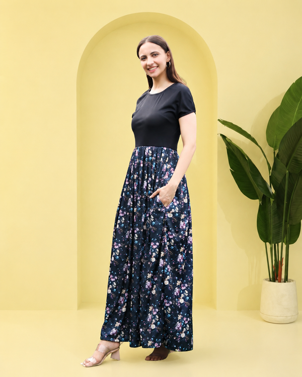 Midnight Blooms Pleated Black Floral Maxi Dress