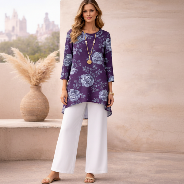 🌸 Floral Printed Spandex Top & Solid White Pant Set 🌸