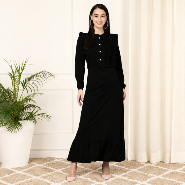 Elegant Pleated Ankle-Length Frilled Spandex Black Dress