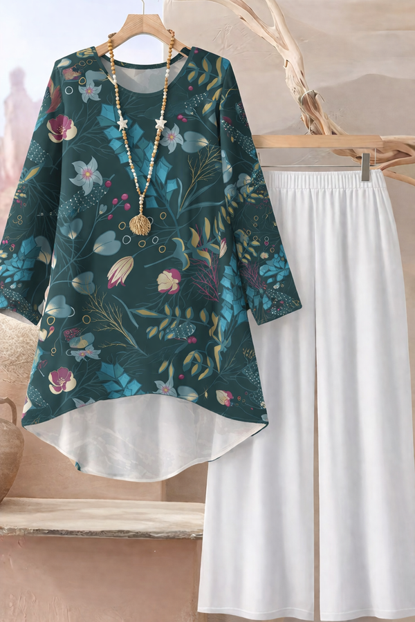 🌸 Floral Printed Spandex Top & Solid White Pant Set 🌸