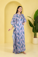 Blossom Satin Kaftan – Elegant Floral Print Lounge & Resort Wear