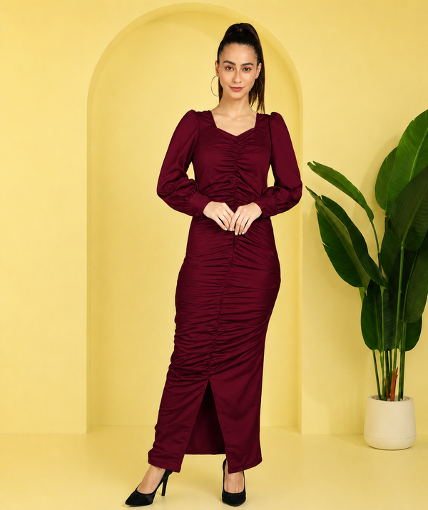 Sultry Sophistication Gathered Front Slit Bodycon Maxi Maroon Dress