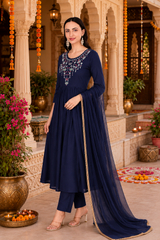 🌼 Women's Rayon Embroidered Kurti Pant Set with Georgette Dupatta