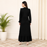 Elegant Pleated Ankle-Length Frilled Spandex Black Dress