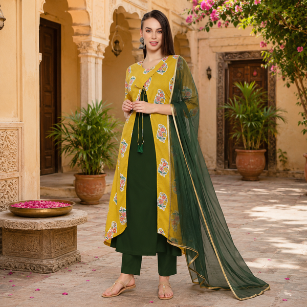 Mustard Yellow & Emerald Green Printed Ethnic Suit Set with Dupatta