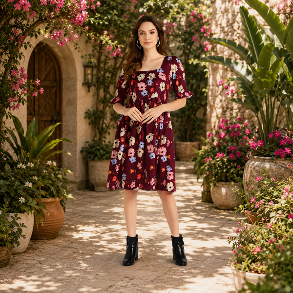 Trendy Knee-Length Floral Crepe Dress
