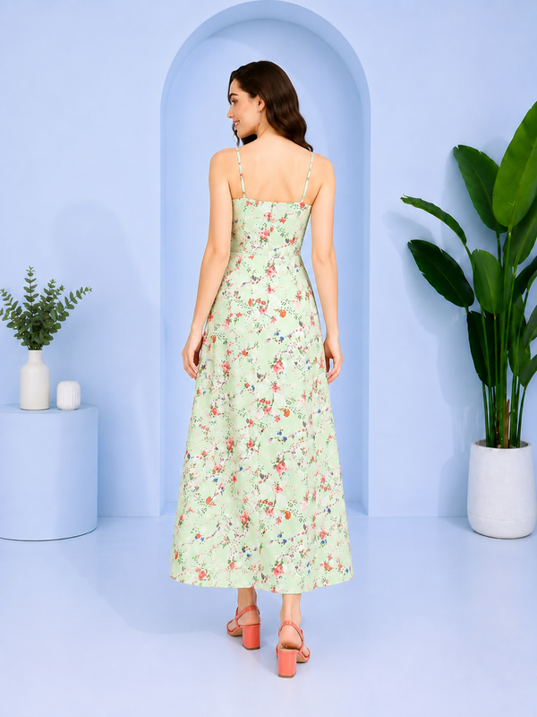 Enchanted Bloom Women's Mint green Floral Printed Crepe Maxi Dress