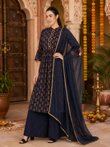 Navy Blue Printed Cotton Kurti with Rayon Palazzo Pants & Dupatta Set