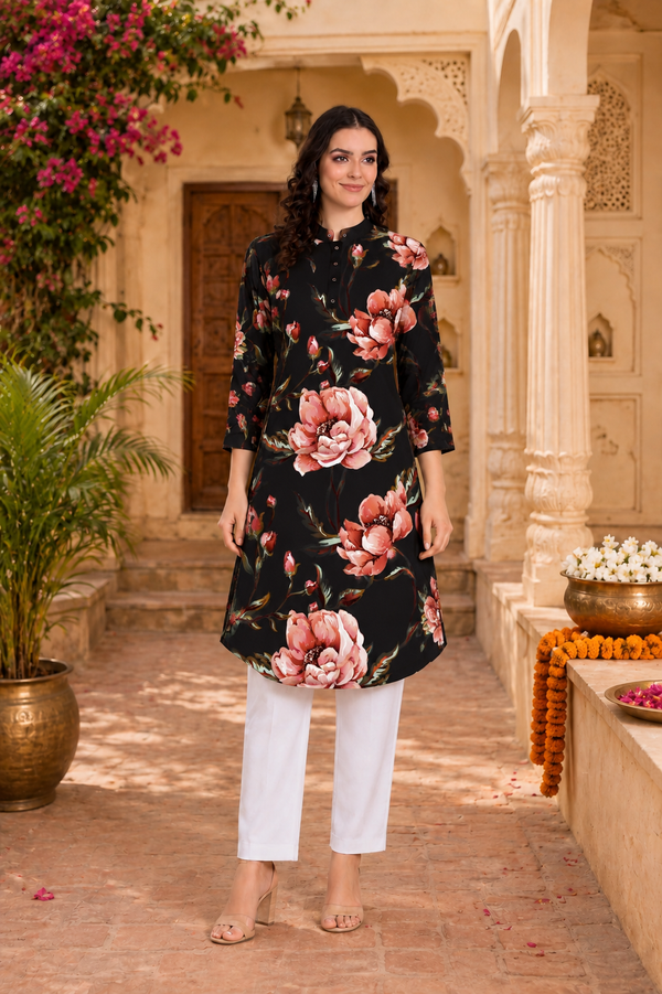 🌸 Floral Printed Spandex Kurti Pant Co-Ord Set 🌸