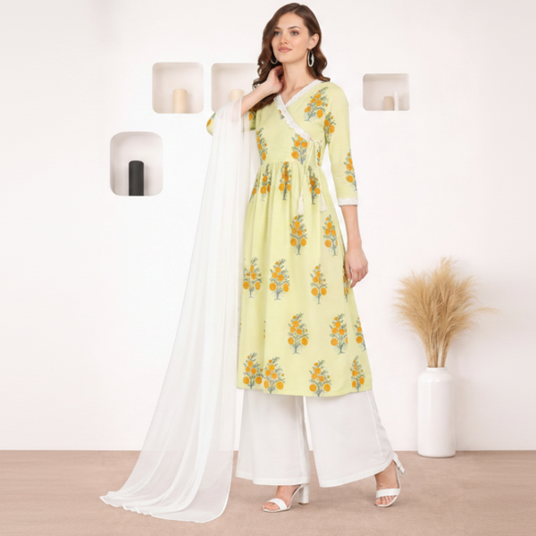 Ethnic Cotton Printed Angrakha Kurti Palazzo Set for Women
