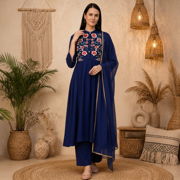 🌸  Embroidered Rayon Kurti Pant Set with Georgette Dupatta