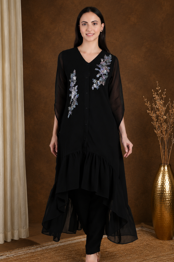 Women's Sequins Motifs Embellished Georgette Frilled Set