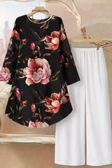 🌸 Floral Printed Spandex Top & Solid White Pant Set 🌸