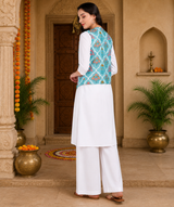 Women's White A-Line Kurta with Floral Printed Aqua Blue Jacket & White Palazzo Set