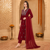 Maroon Embroidered Rayon Kurta Set with Georgette Dupatta