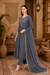 Women's Grey Rayon Embroidered Kurti Pant Set with Georgette Dupatta