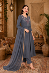 Women's Grey Rayon Embroidered Kurti Pant Set with Georgette Dupatta