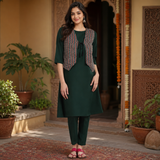 Elegant Dark Green Kurti Pant Set with Embroidered Jacket